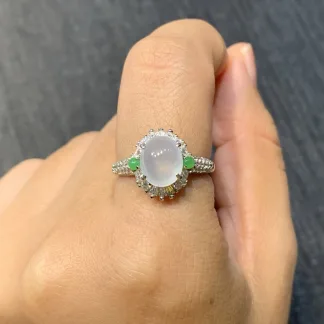High-Icy Glowing Natural Jadeite Cabochon Ring — S925 Silver · No. 02D1