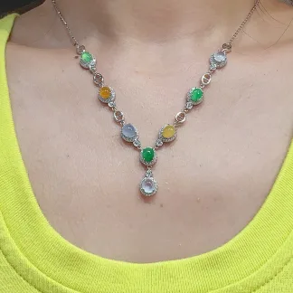 High-Icy Multicolor Natural Jadeite Cabochon Necklace — S925 Silver · No. 8A42