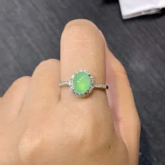 Icy Glowing Green Natural Jadeite Cabochon Ring — S925 Silver · No. 7918