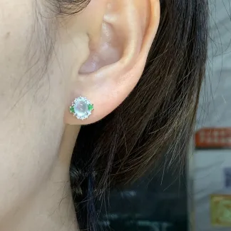High-Icy Glowing Clear Natural Jadeite Cabochon Stud Earrings — S925 Silver · No. A1F7