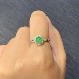 Icy Vivid Green Natural Jadeite Cabochon Ring — S925 Silver · No. E687