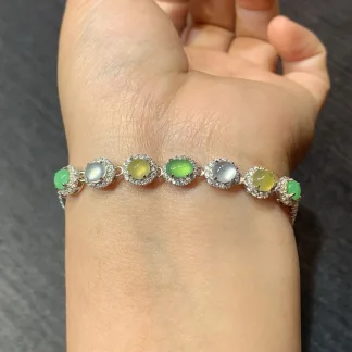 High-Icy Multicolor Natural Jadeite Cabochon Bracelet — S925 Silver · No. 3EE5