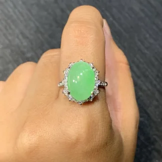 Icy Soft Vivid Green Natural Jadeite Cabochon Ring — S925 Silver · No. E101