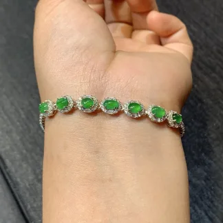 High-Icy Vivid Green Natural Jadeite Cabochon Bracelet — S925 Silver · No. 8A50