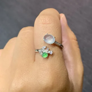High-Icy White and Green Natural Jadeite Cabochon Ring — S925 Silver · No. 7832
