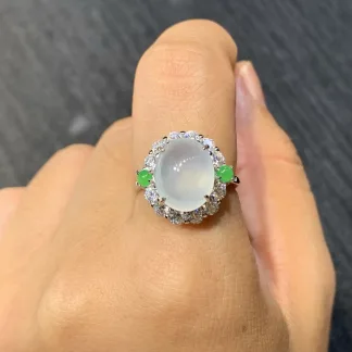 High-Icy Glowing Natural Jadeite Cabochon Ring — S925 Silver · No. C81E