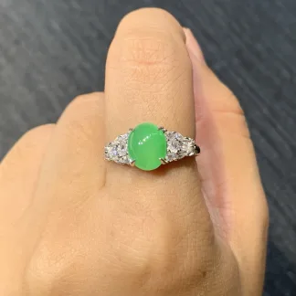 Icy Vivid Green Natural Jadeite Cabochon Ring — S925 Silver · No. 5A3F