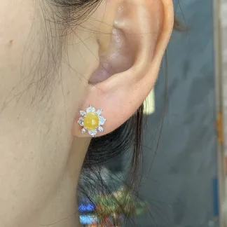 High-Icy Honey Yellow Natural Jadeite Cabochon Stud Earrings — S925 Silver · No. 8C9E