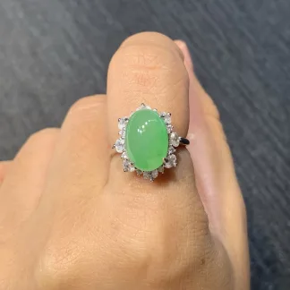 Icy Vivid Green Natural Jadeite Cabochon Ring — S925 Silver · No. EEE9