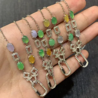 High-Icy Multicolor Natural Jadeite Convertible Cabochon Chain — S925 Silver · No. 1500
