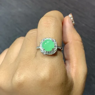 Icy Soft Vivid Green Natural Jadeite Cabochon Ring — S925 Silver · No. 5064