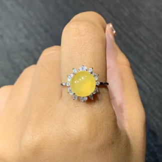 High-Icy Honey Yellow Natural Jadeite Cabochon Ring — S925 Silver · No. F2B9