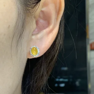 High-Icy Honey Yellow Natural Jadeite Cabochon Stud Earrings — S925 Silver · No. A91E