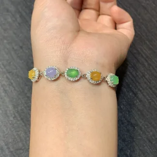 High-Icy Multicolor Natural Jadeite Cabochon Bracelet — S925 Silver · No. 15C0