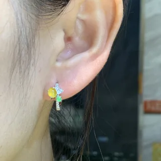High-Icy Honey Yellow Natural Jadeite Cabochon Huggie Earrings — S925 Silver · No. 9B17