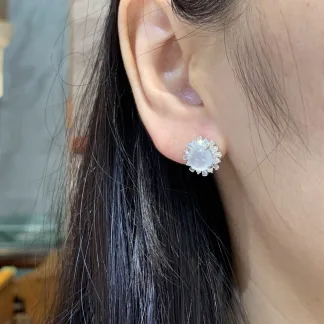 High-Icy Glowing Natural Jadeite Cabochon Stud Earrings — S925 Silver · No. 3EBB