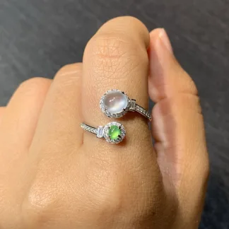 High-Icy White and Green Natural Jadeite Cabochon Ring — S925 Silver · No. 97D9