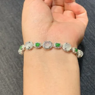 High-Icy Glowing White and Vivid Green Natural Jadeite Cabochon Bracelet — S925 Silver · No. 89A1