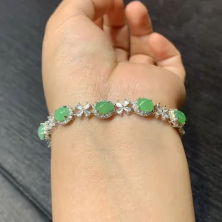 Icy Vivid Green Natural Jadeite Cabochon Bracelet — S925 Silver · No. EC6C