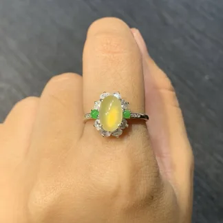 High-Icy Honey Yellow Natural Jadeite Cabochon Ring — S925 Silver · No. 29F7
