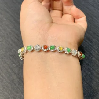 High-Icy Multicolor Natural Jadeite Cabochon Bracelet — S925 Silver · No. F2E7