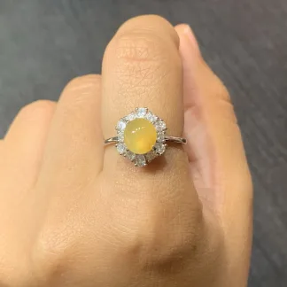 High-Icy Honey Yellow Natural Jadeite Cabochon Ring — S925 Silver · No. 7357
