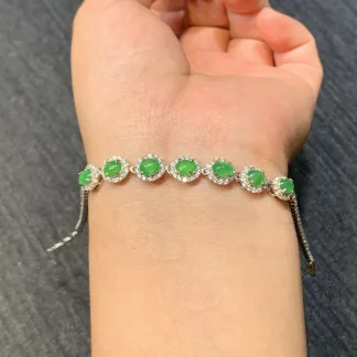 High-Icy Vivid Green Natural Jadeite Cabochon Bracelet — S925 Silver · No. 346E