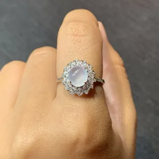 High-Icy Glowing Natural Jadeite Cabochon Ring — S925 Silver · No. 7C07