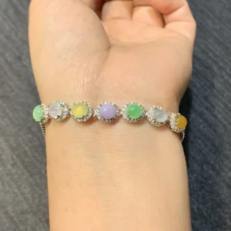 High-Icy Multicolor Natural Jadeite Cabochon Bracelet — S925 Silver · No. 3972