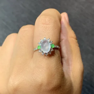 High-Icy Glowing Natural Jadeite Cabochon Ring — S925 Silver · No. A752