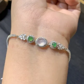 High-Icy Glowing Natural Jadeite Cabochon Bracelet — S925 Silver · No. 3F58