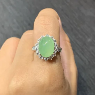 Icy Soft Green Clear Natural Jadeite Cabochon Ring — S925 Silver · No. A7CB