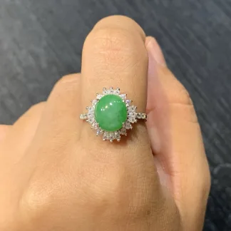 Vivid Green Natural Jadeite Cabochon Ring — S925 Silver · No. 2B39