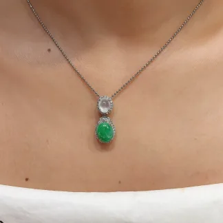Icy Vivid Green Natural Jadeite Cabochon Pendant — S925 Silver · No. 56E1