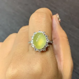 High-Icy Honey Yellow Natural Jadeite Cabochon Ring — S925 Silver · No. 679C