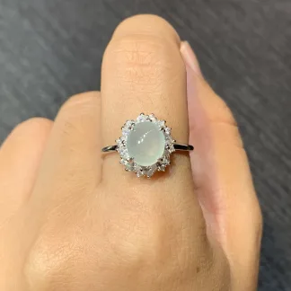 Icy Glowing Natural Jadeite Cabochon Ring — S925 Silver · No. DC43
