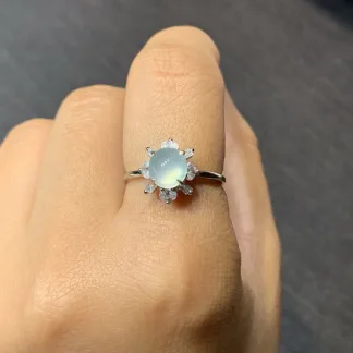 High-Icy Glowing Natural Jadeite Cabochon Ring — S925 Silver · No. 6418