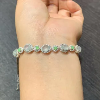 High-Icy Glowing Natural Jadeite Cabochon Bracelet — S925 Silver · No. 0EFD