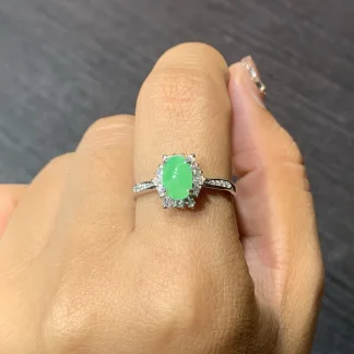 Icy Vivid Green Natural Jadeite Cabochon Ring — S925 Silver · No. 6D1A