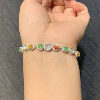 High-Icy Multicolor Natural Jadeite Cabochon Bracelet — S925 Silver · No. F416