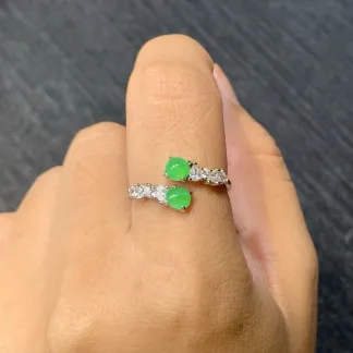 High-Icy Vivid Green Natural Jadeite Twin Cabochon Ring — S925 Silver · No. 51EA