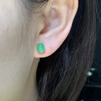 Icy Vivid Green Natural Jadeite Cabochon Stud Earrings — S925 Silver · No. BEDE