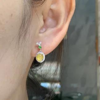High-Icy Honey Yellow Natural Jadeite Cabochon Earring and Ring Set — S925 Silver · No. 9F2D
