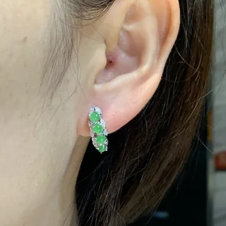High-Icy Clear Green Natural Jadeite Cabochon Huggie Earrings — S925 Silver · No. 247D
