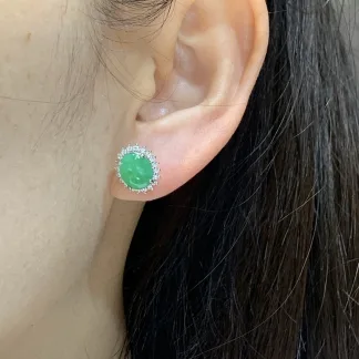 Vivid Green Natural Jadeite Cabochon Stud Earrings — S925 Silver · No. F466