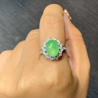 High-Icy Vivid Green Clear Natural Jadeite Cabochon Ring — S925 Silver · No. 13E3