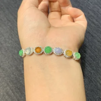 High-Icy Multicolor Natural Jadeite Cabochon Bracelet — S925 Silver · No. DC03