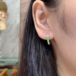 Icy Vivid Green Natural Jadeite Cabochon Huggie Earrings — S925 Silver · No. 6632