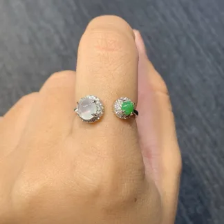 High-Icy Glowing White and Green Natural Jadeite Cabochon Ring — S925 Silver · No. B480