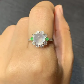 High-Icy Glowing Natural Jadeite Cabochon Ring — S925 Silver · No. 8C01